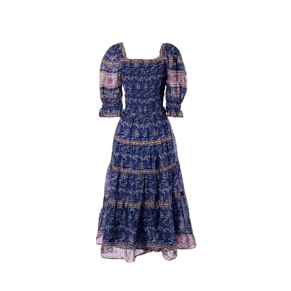 NWT Sea Rosita in Blue Cotton Smocked Puff-Sleeve Tiered Midi Dress XS $395 - Picture 10 of 10